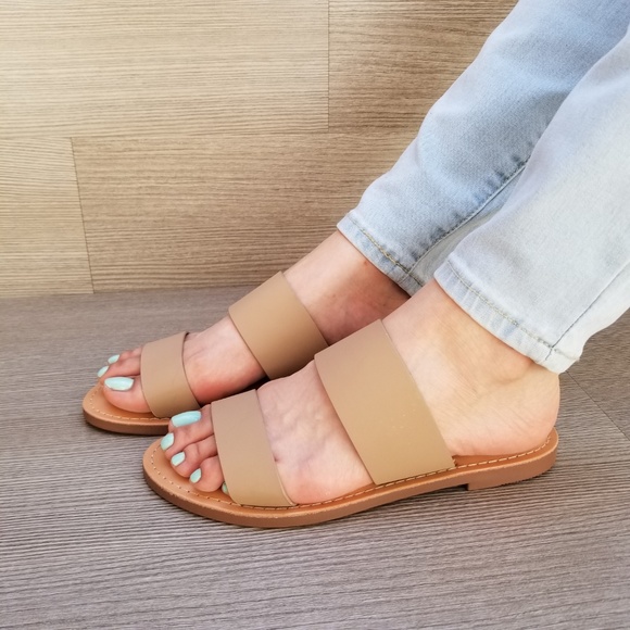 Shoes - Slip On 2 Strap Flat Sandal Tan Faux Leather-E